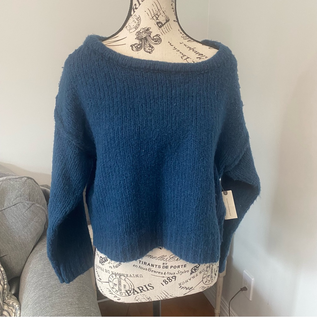 Anthropologie Nwt Size Xxs Deep Blue Boatneck Boxy Cropped Oversized Sweater